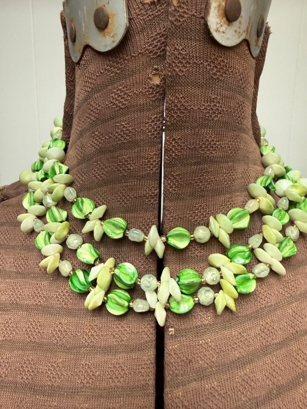 Vintage 1960s Hong Kong Triple Strand Green Plastic Leaf Bead Statement Necklace